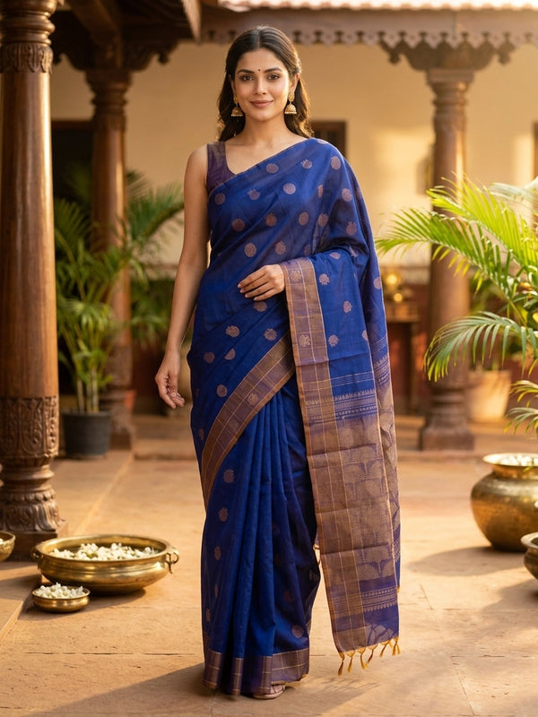 Royal blue pure silk cotton saree with copper-gold zari peacock buttas and contrast border