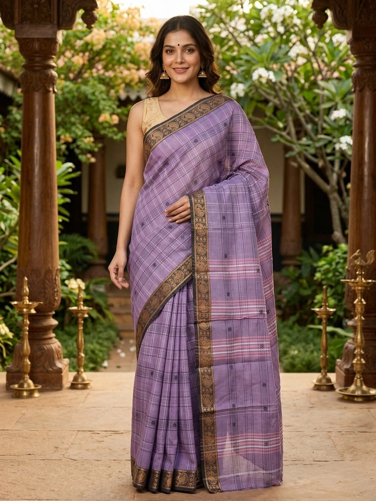 Lavender Chettinad cotton saree with black and gold zari peacock border and pink striped pallu