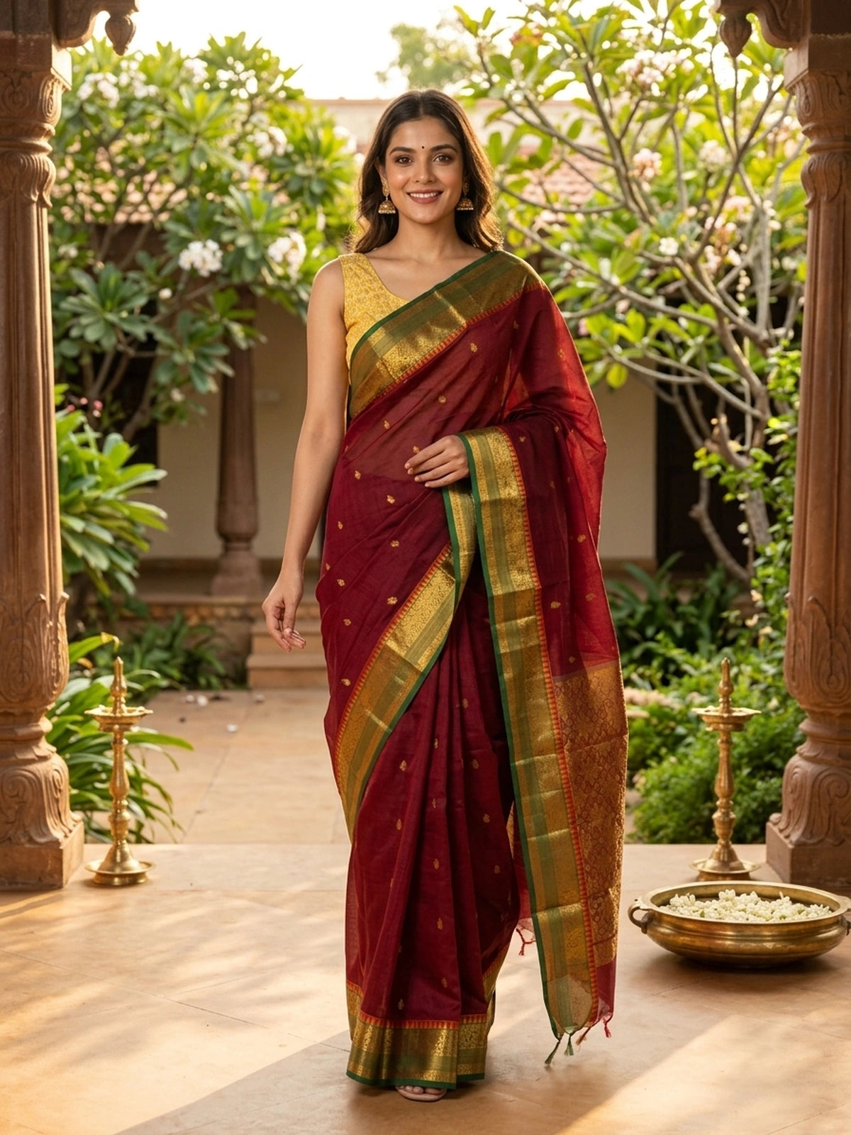 Maroon and Green Chettinad Cotton Saree