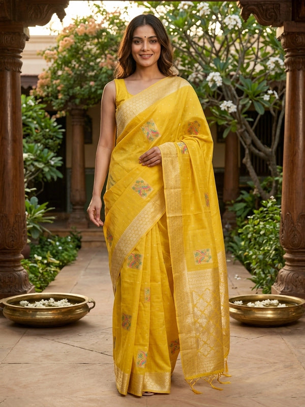 Bright yellow linen cotton saree with silver butis, multicolour bird motifs and gold zari border