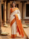 Cream and Orange Pure Kanchipuram Silk Saree