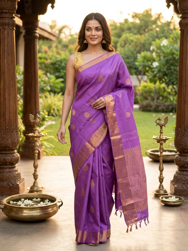 Purple pure Kanchipuram silk saree with gold zari border, buta motifs and zari pallu