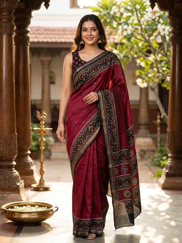 Maroon Dola silk saree with black patola-style border, multicolour pallu and mirror work