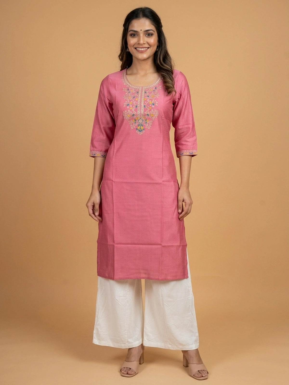 Pink floral embroidered cotton straight-cut kurti top with mirror and sequin yoke work