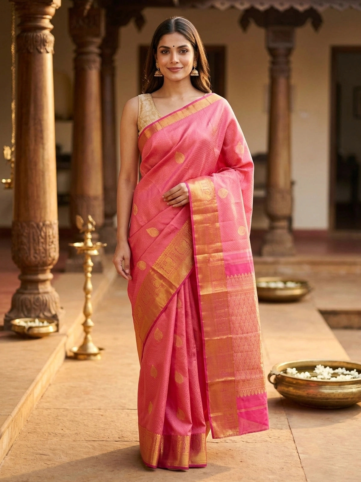 Coral pink pure Kanchipuram silk saree with gold zari buttas and contrast zari border