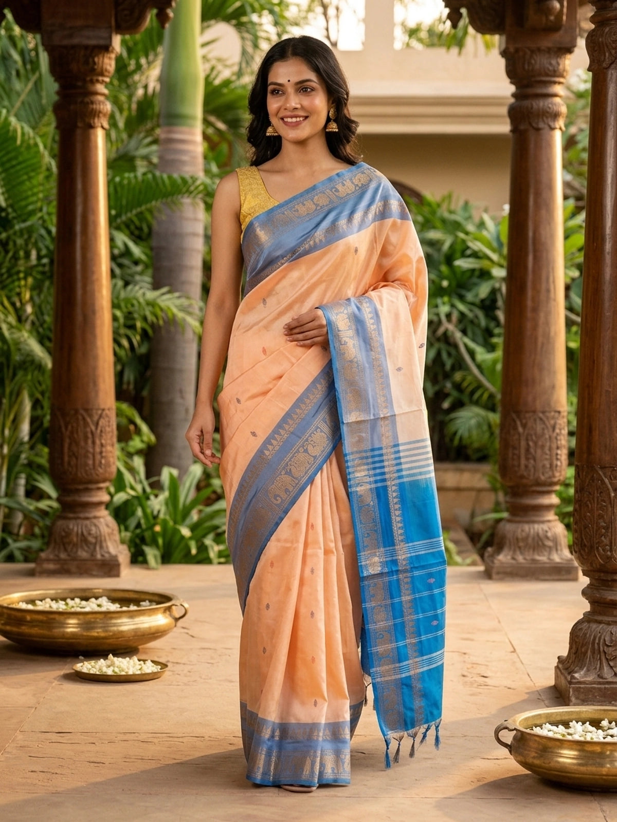 Peach banana silk saree with contrast blue zari border and elephant-peacock pallu motifs
