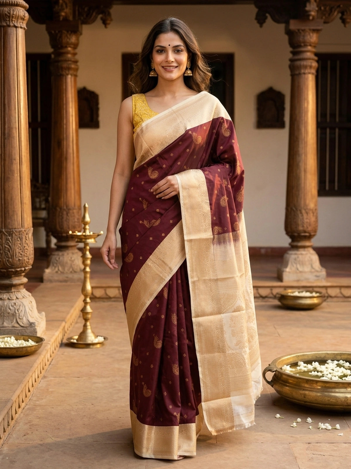 Maroon and Cream Semi Silk Saree