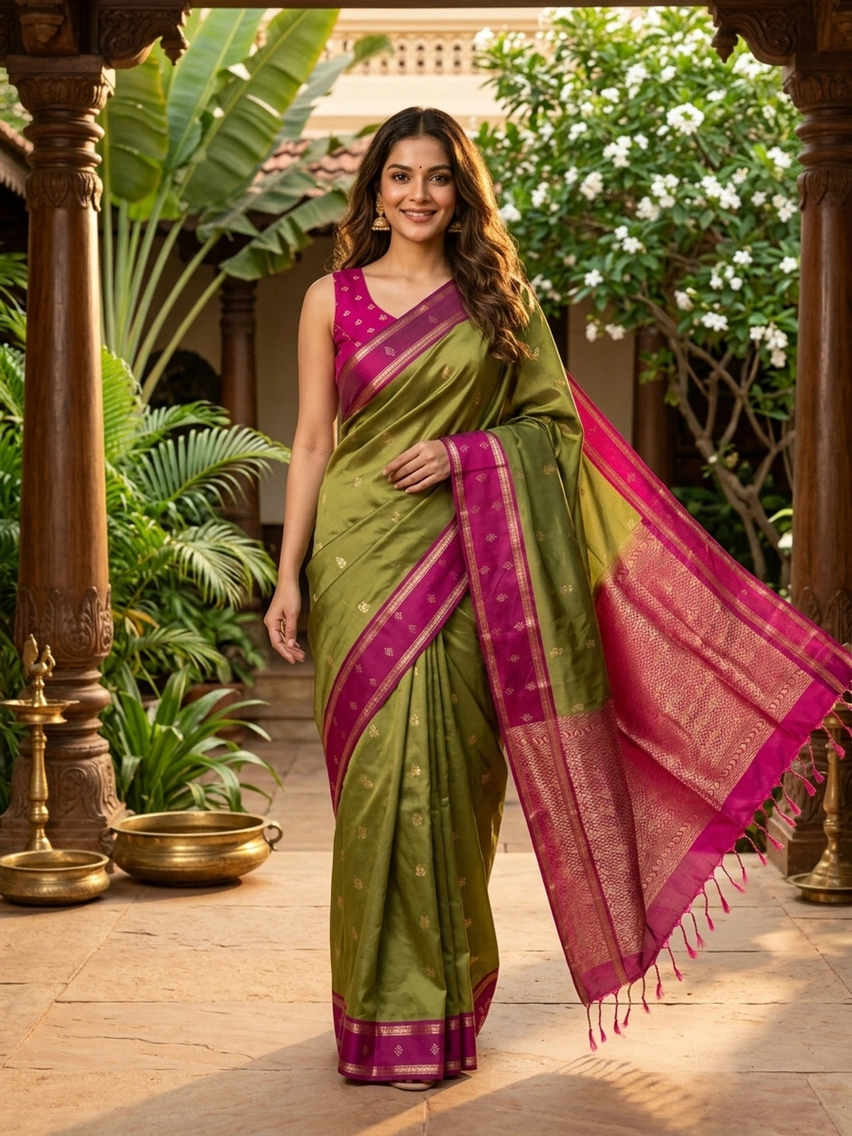Mehndi green semi silk saree with magenta contrast border, gold zari buttas and woven pallu
