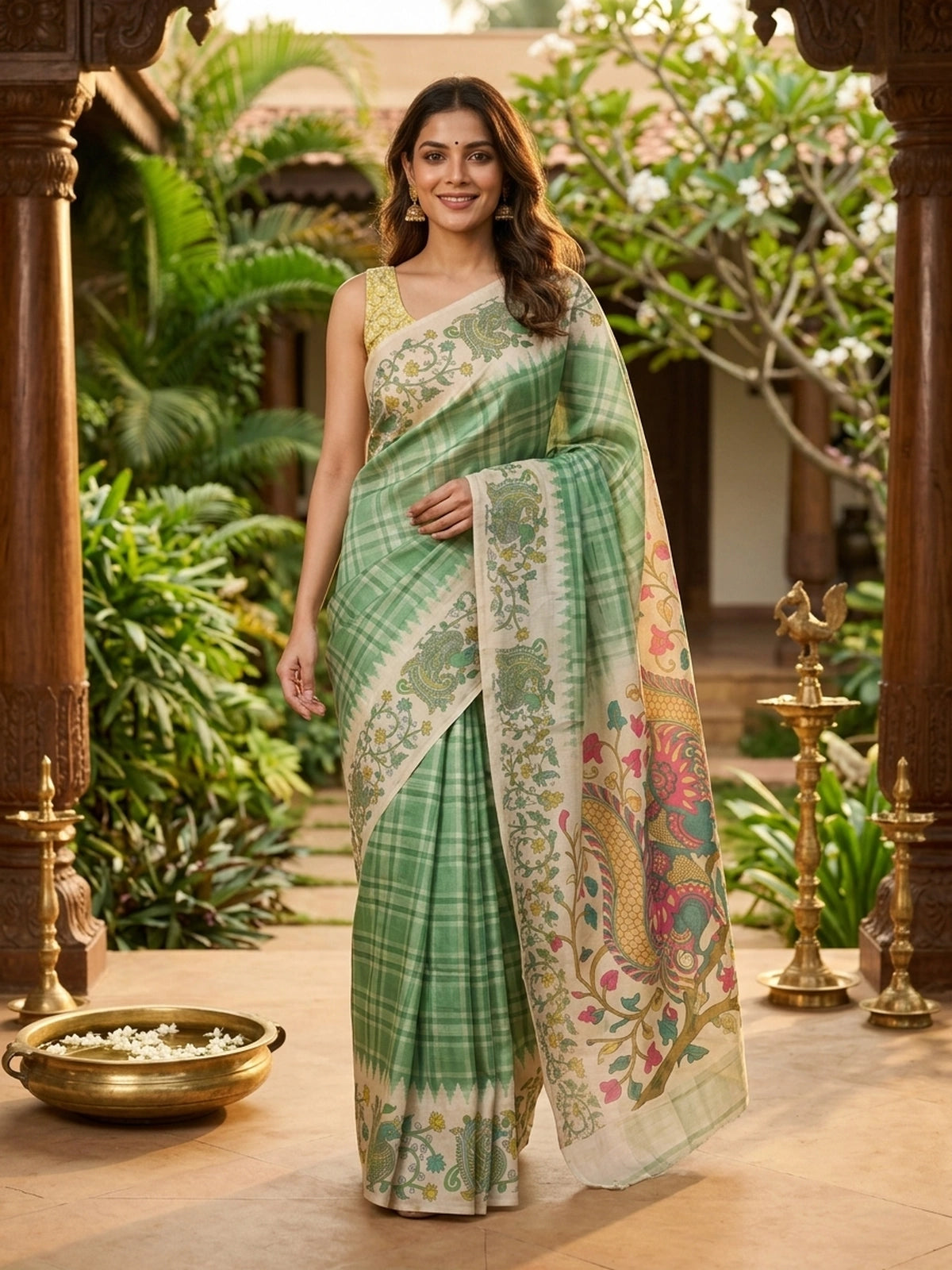 Sea Green and Cream Linen Cotton Saree