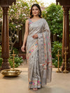 Grey and Silver Designer Embroidery Work Organza Saree