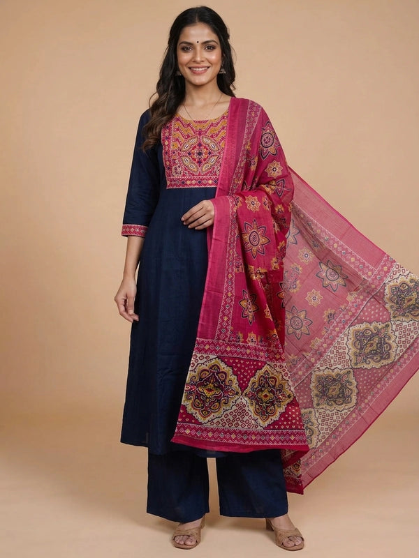 Navy Blue cotton Anarkali kurti set with mirror-work embroidered yoke and pink Ajrakh-print dupatta