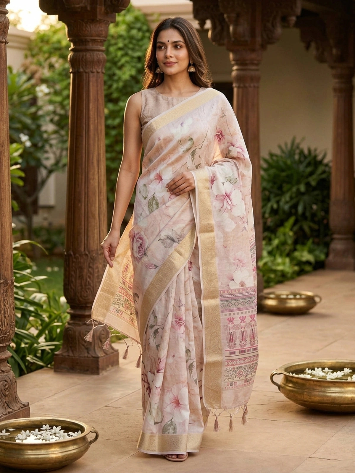 Pastel Beige and Pink Floral Designer Printed Art Silk Saree