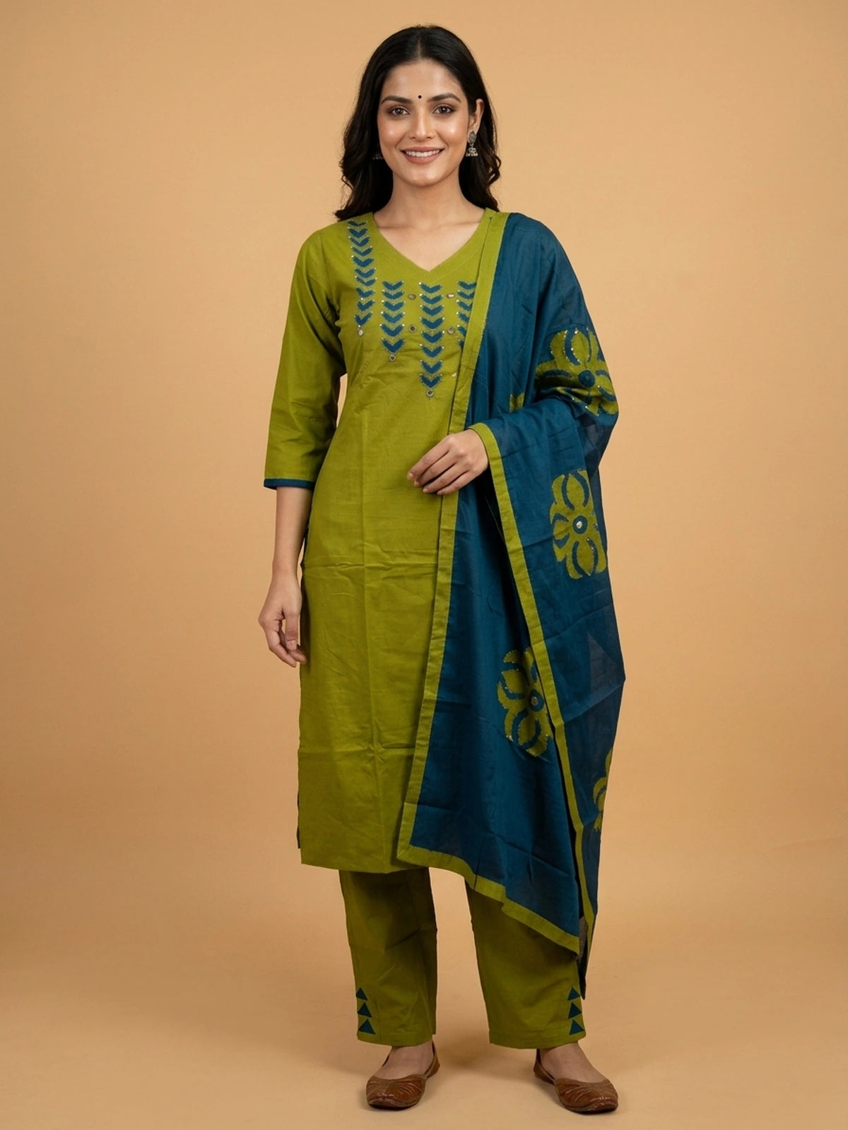 Olive green cotton straight cut kurti set with teal applique mirror work and matching teal floral dupatta