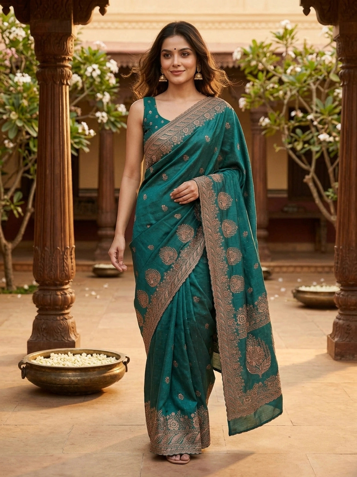 Teal green designer saree with copper floral embroidery, sequin work and scalloped embroidered border