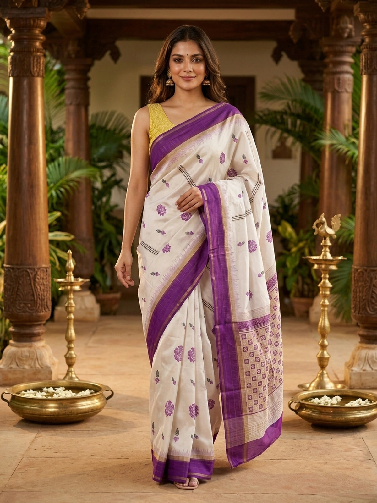 Cream Dola silk saree with purple floral buttas, gold zari contrast border and patterned purple pallu