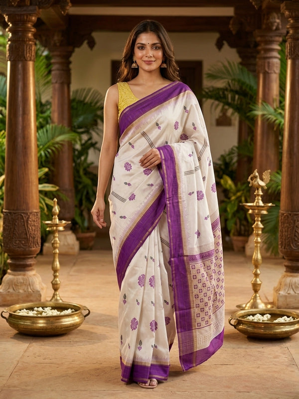 Cream Dola silk saree with purple floral buttas, gold zari contrast border and patterned purple pallu