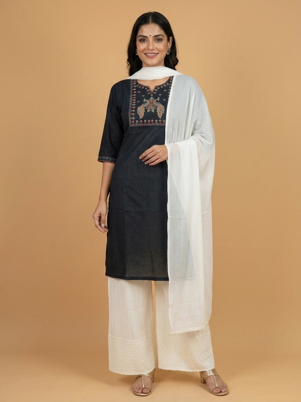 Black cotton Anarkali kurti top with multicolour peacock thread embroidery on the yoke and 3/4th sleeves