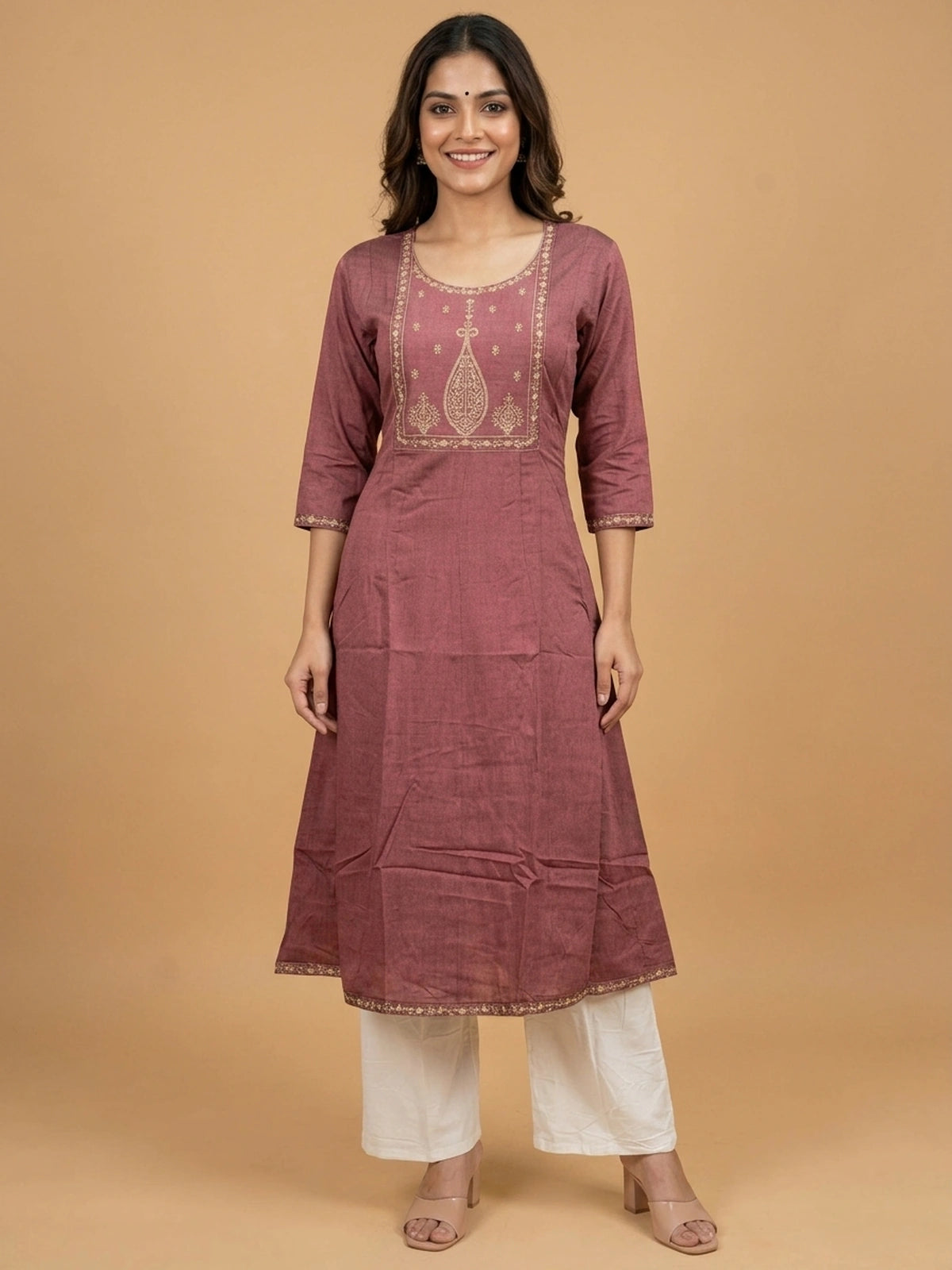 Dusty mauve zari embroidered cotton Anarkali kurti top with paisley yoke and 3/4th sleeves