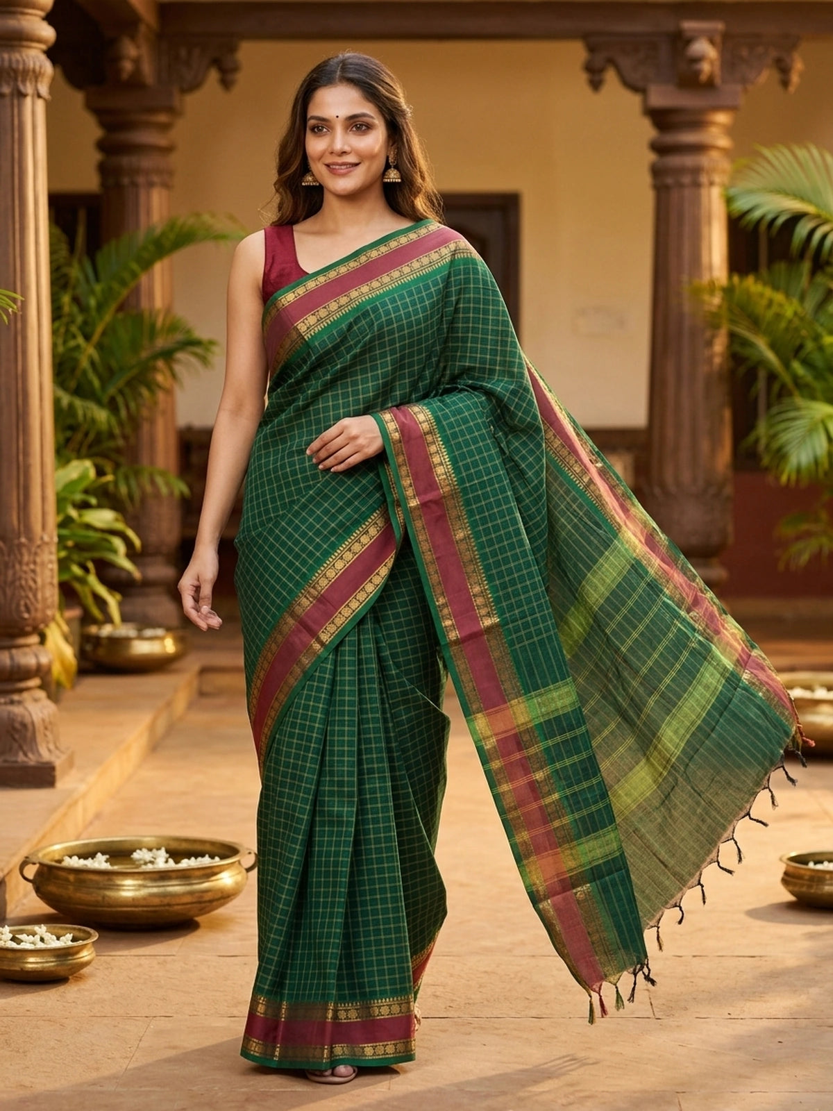 Green and Maroon Chettinad Cotton Saree