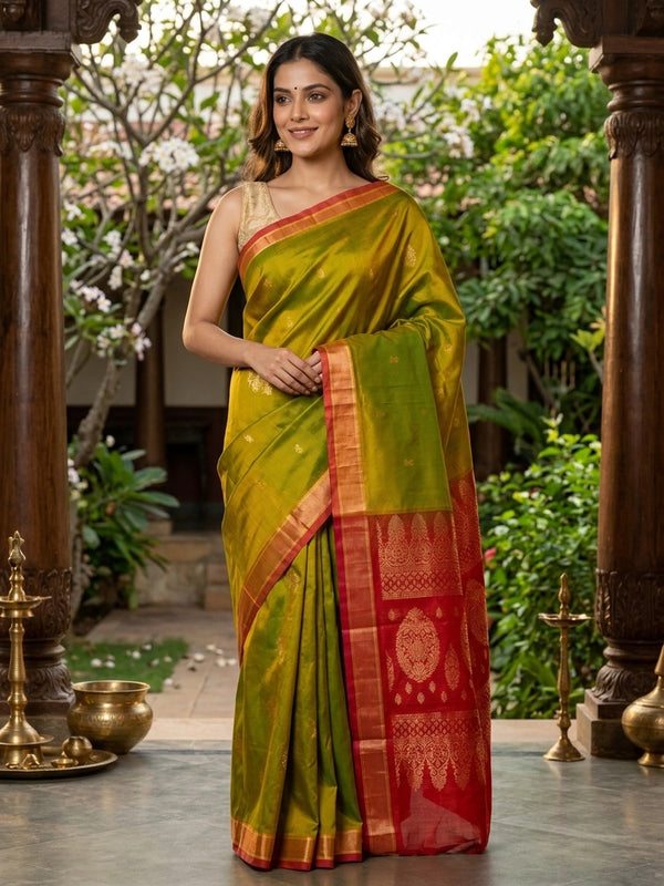 Mehendi green pure silk cotton saree with contrast red gold zari border and woven pallu