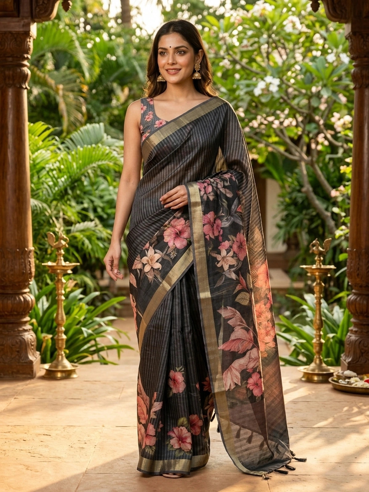 Black semi tussar saree with diagonal stripes, gold zari border and tropical floral hummingbird print pallu