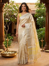 Cream and Silver Designer Embroidery Work Tissue Saree