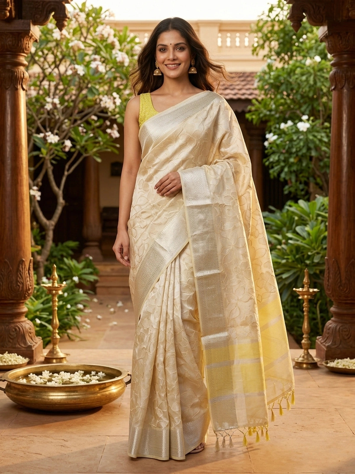Cream and Silver Designer Embroidery Work Tissue Saree
