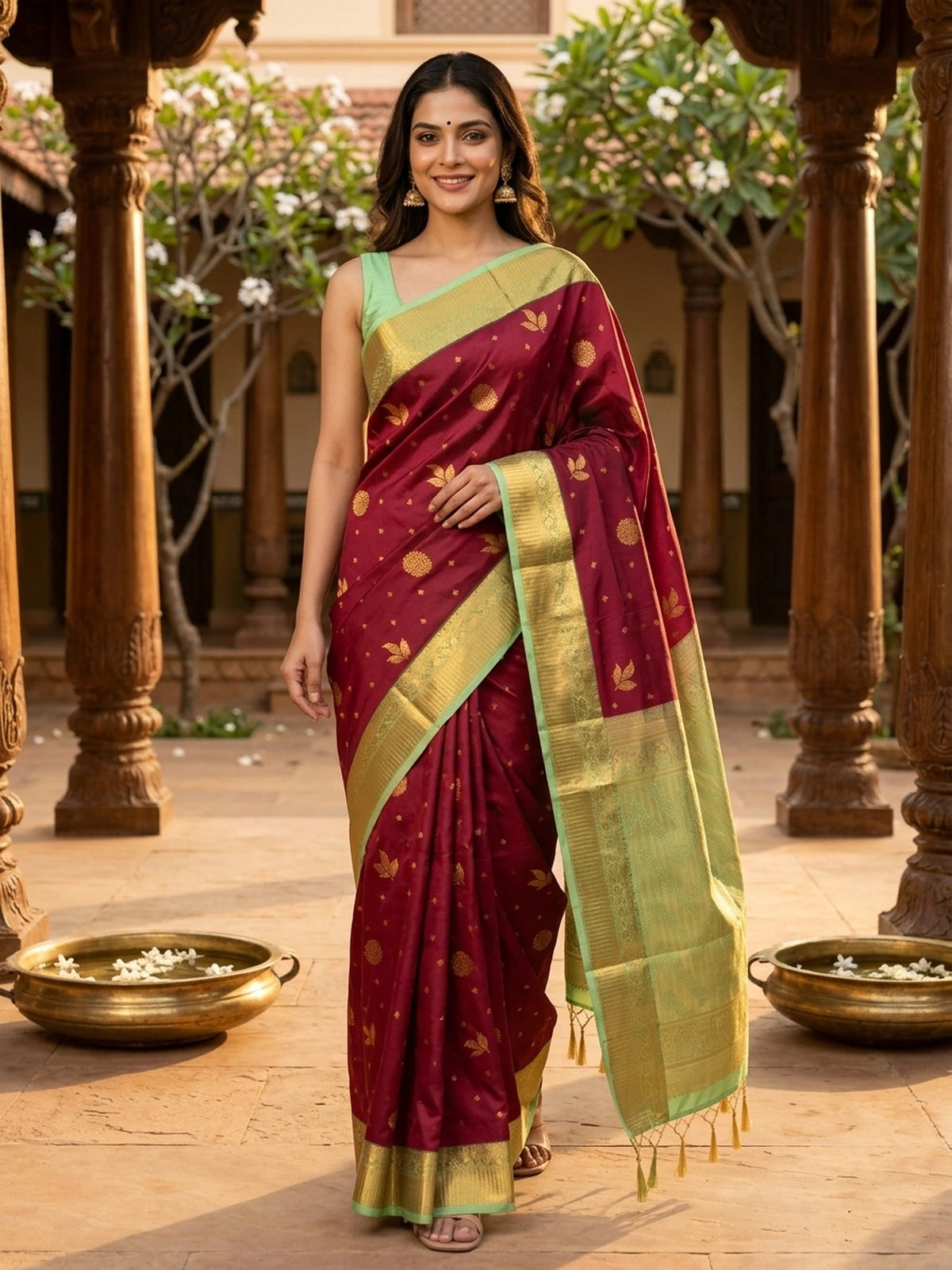 Maroon and Green Kanchipuram Fancy Silk Saree