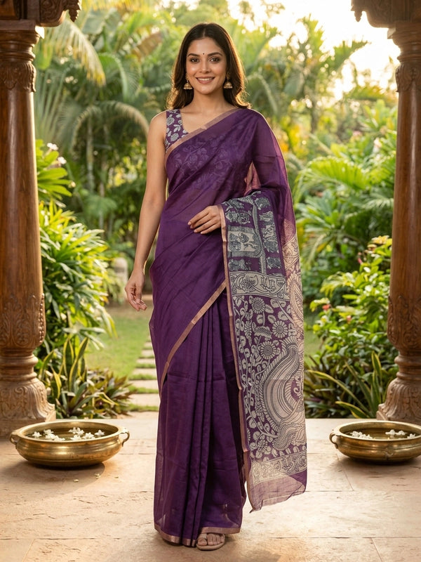 Purple linen cotton saree with white Kalamkari peacock pallu and copper zari border