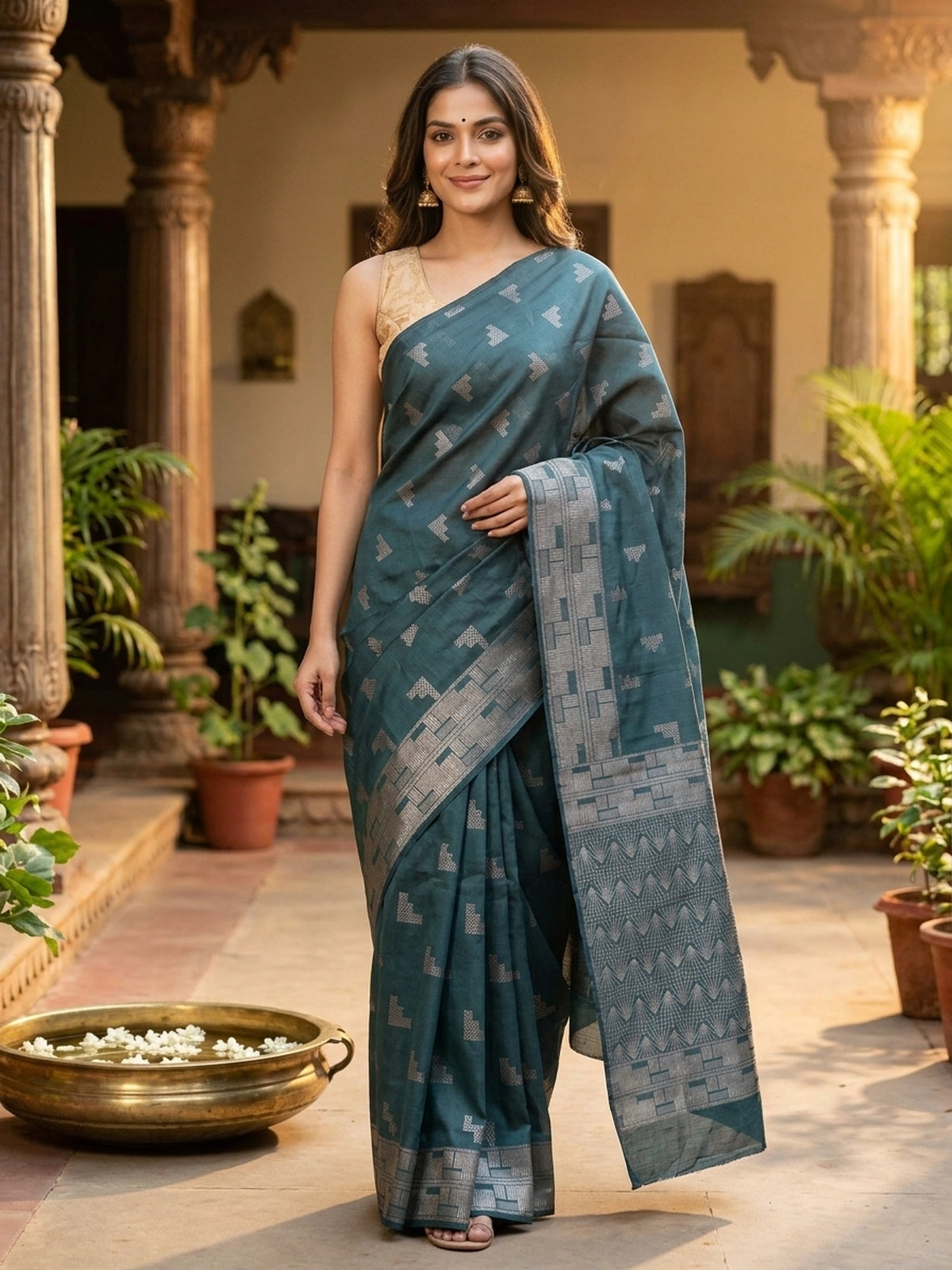 Teal blue silk cotton saree with silver zari geometric motifs and patterned pallu
