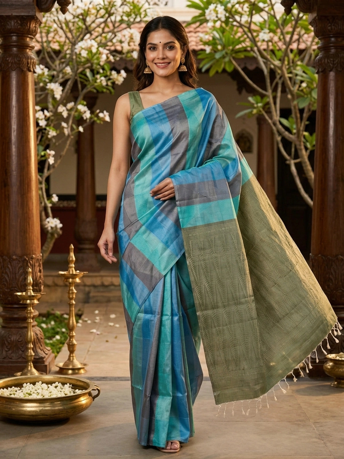 Blue and Olive Green Pure Soft Silk Saree