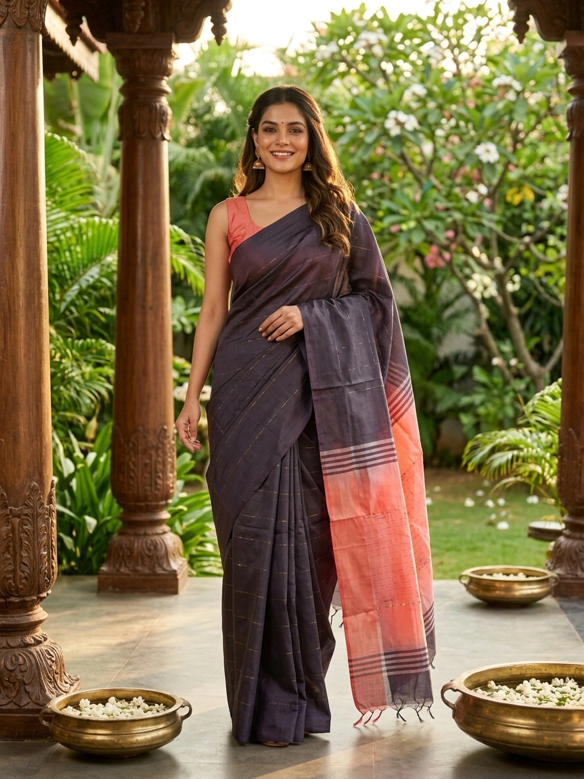 Aubergine banana silk saree with coral zari-striped pallu and contrast blouse
