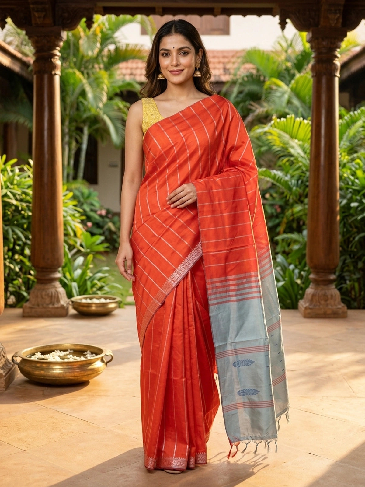 Orange and Grey Banana Silk Sarees
