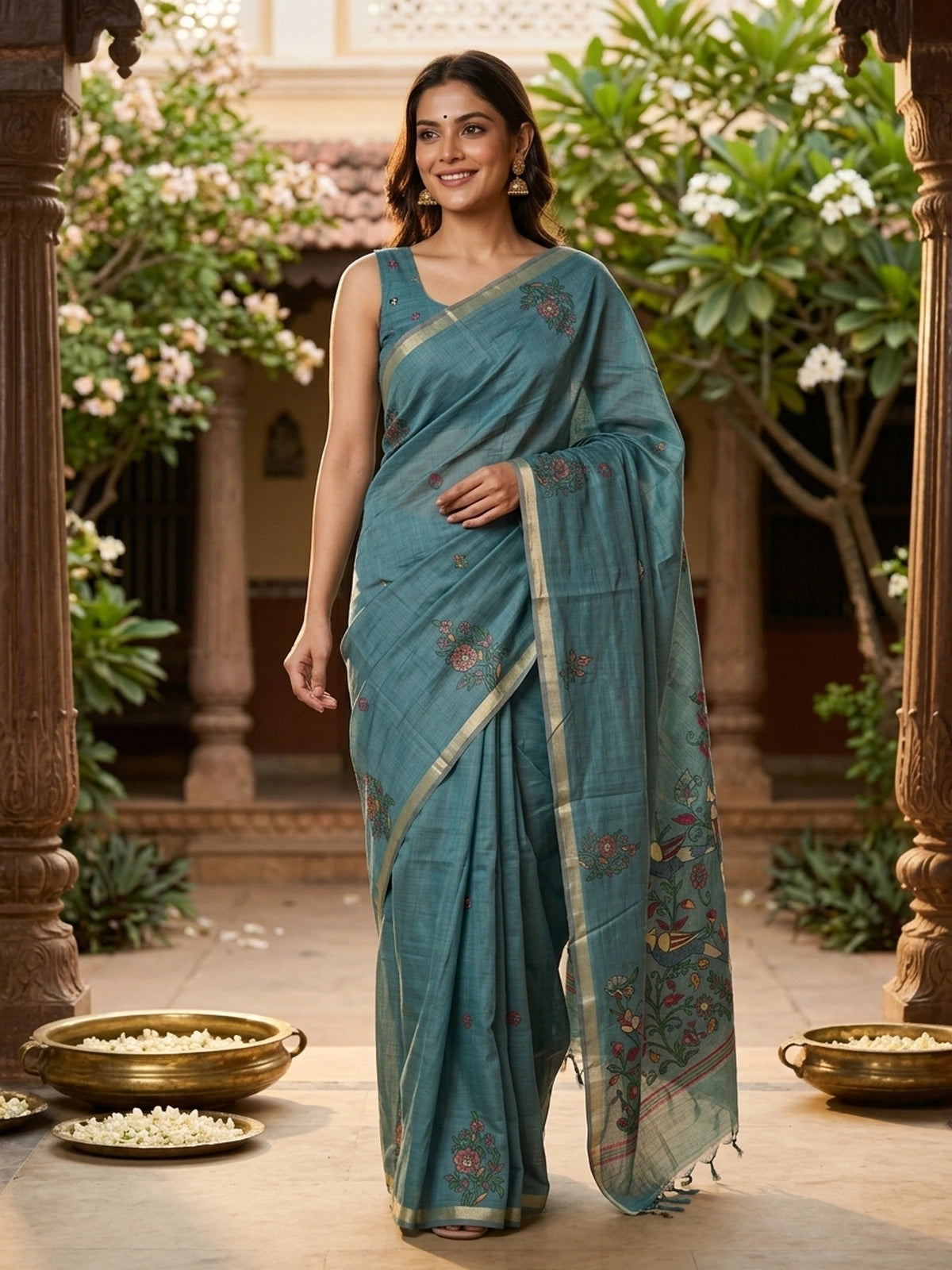 Teal blue linen cotton saree with floral butta body, gold zari border and parrot motif pallu