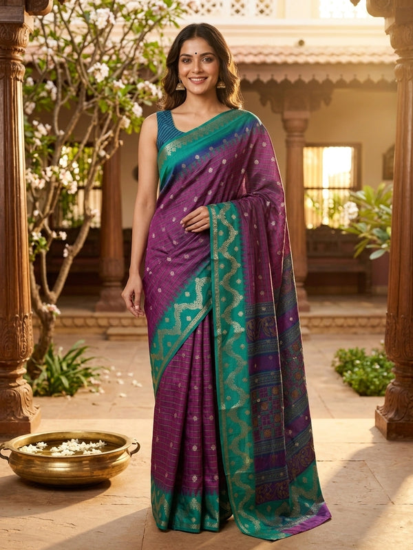 Purple Dola silk saree with teal green contrast zari border and silver zari buttas