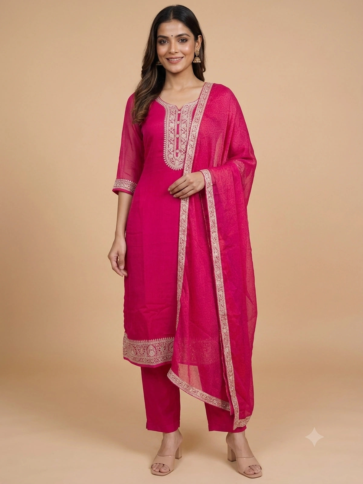 Rani Pink zari embroidered chiffon straight cut kurti set with bandhani dupatta