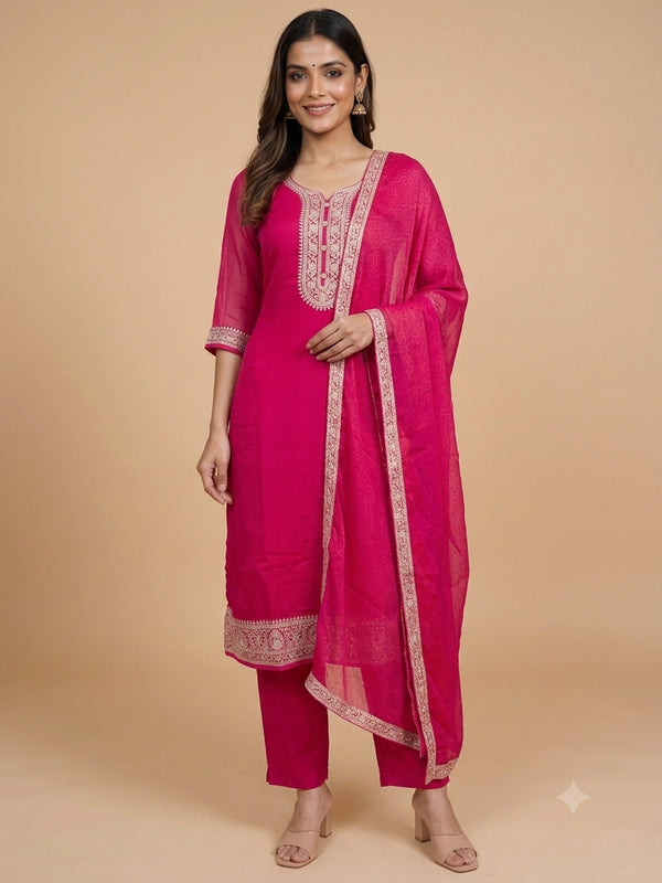 Rani Pink zari embroidered chiffon straight cut kurti set with bandhani dupatta