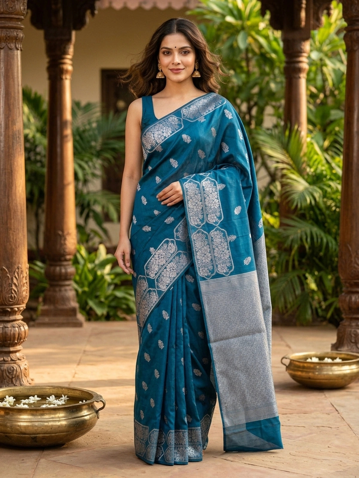 Peacock blue silk cotton saree with silver zari buttas and diamond-patterned zari border and pallu