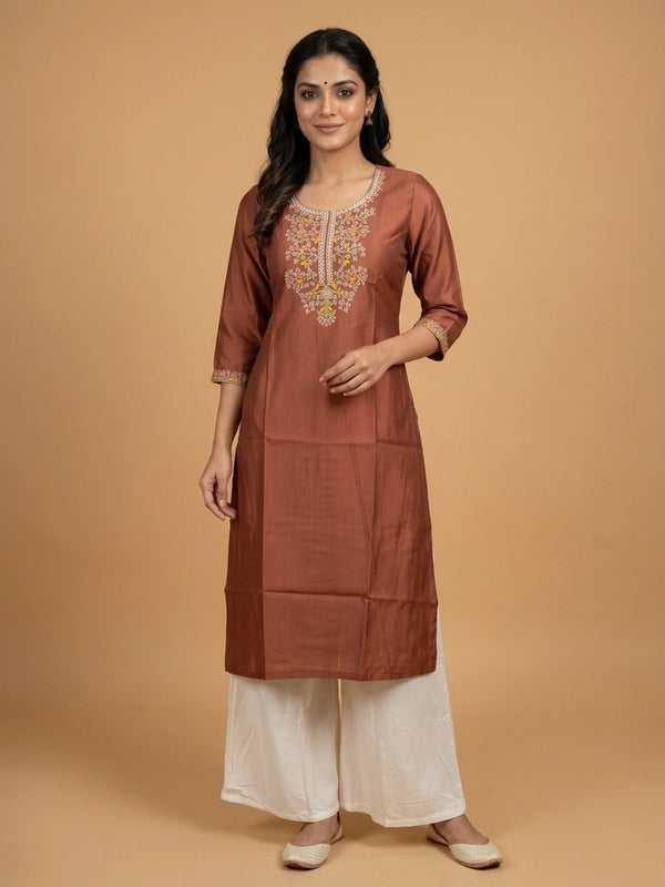Rust brown embroidered cotton silk straight cut kurti top with floral neckline work