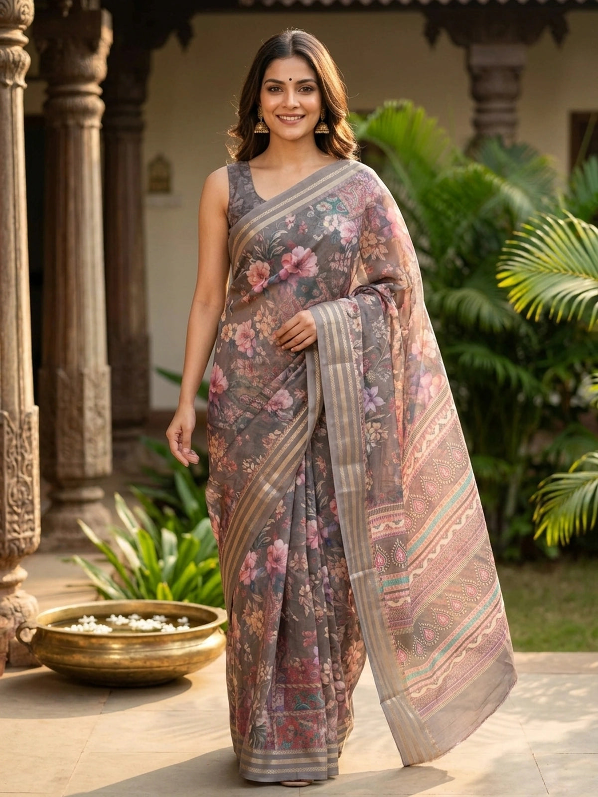 Grey organza designer saree with multicoloured floral print and gold zari border