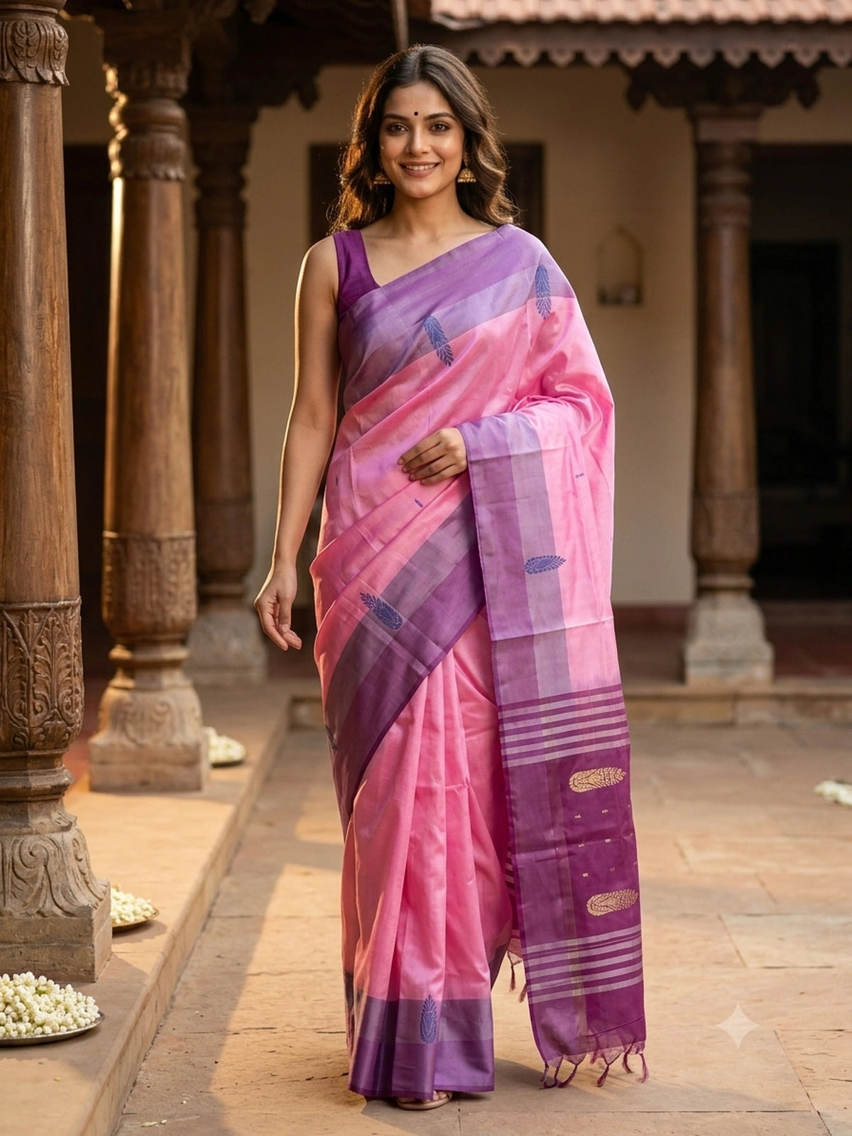 Pink and purple Banana Silk saree with contrast border and gold zari pallu