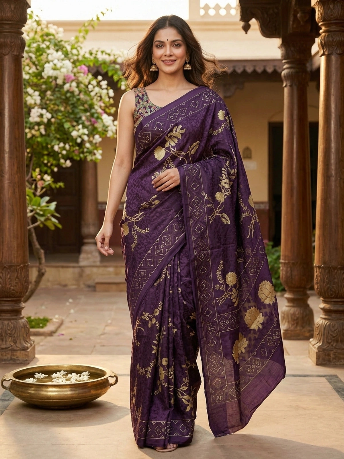 Purple and Gold Designer Zari Work Art Silk Saree