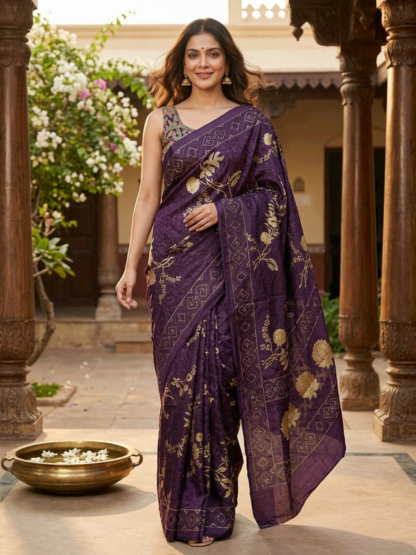 Purple and gold designer art silk saree with floral zari motifs, lotus pallu and contrast printed blouse