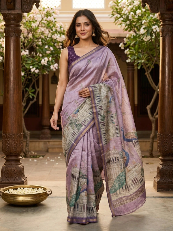 Lavender semi tussar saree with purple gold zari border and peacock and palace printed pallu