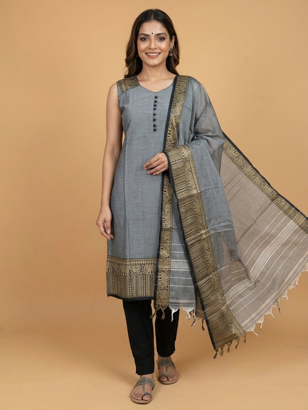 Grey cotton straight cut kurti set with black-gold woven elephant motif border and matching dupatta