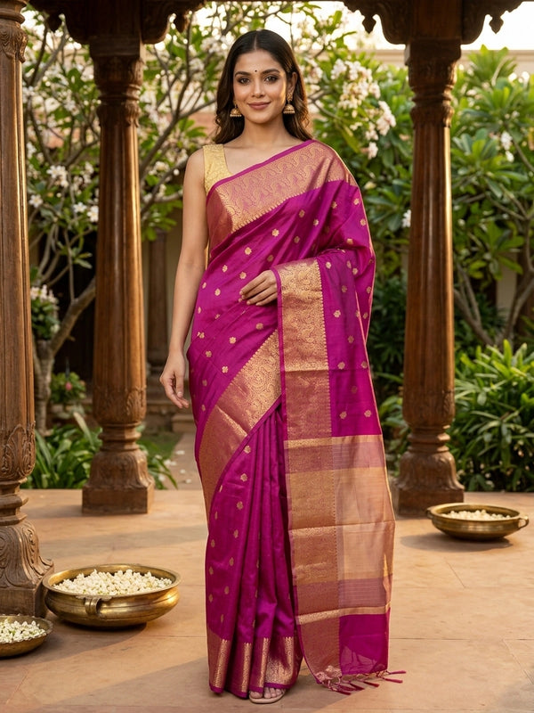 Magenta Kanchi semi silk saree with gold zari buttas, contrast zari border and cream-gold tissue pallu