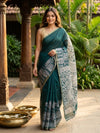 Teal Green and White Linen Cotton Saree