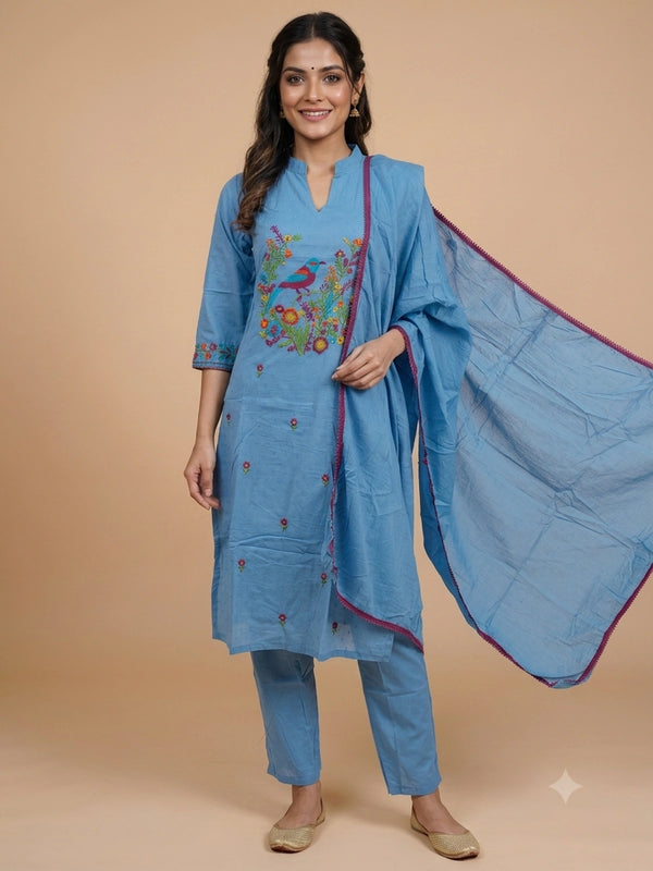 Sky Blue cotton straight cut kurti set with multicolour bird embroidery, matching pants and dupatta