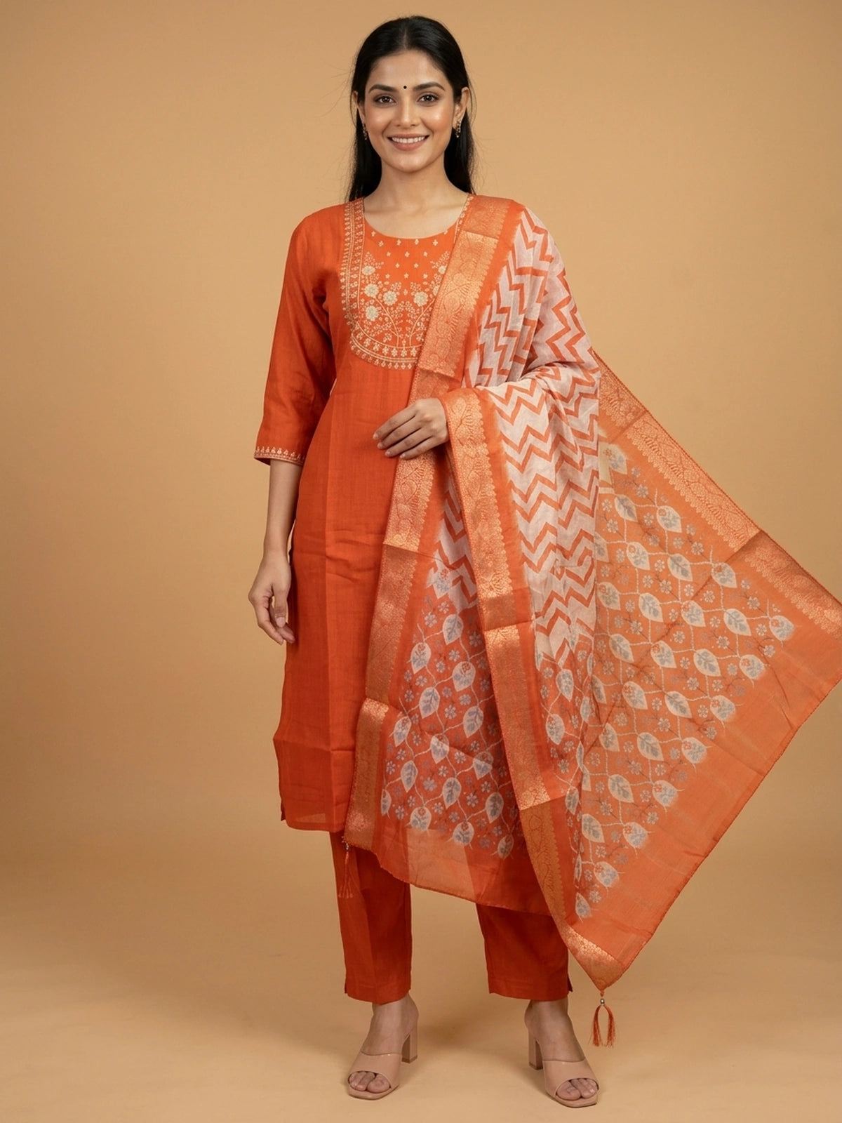 Orange zari embroidered cotton silk straight cut kurti set with printed dupatta