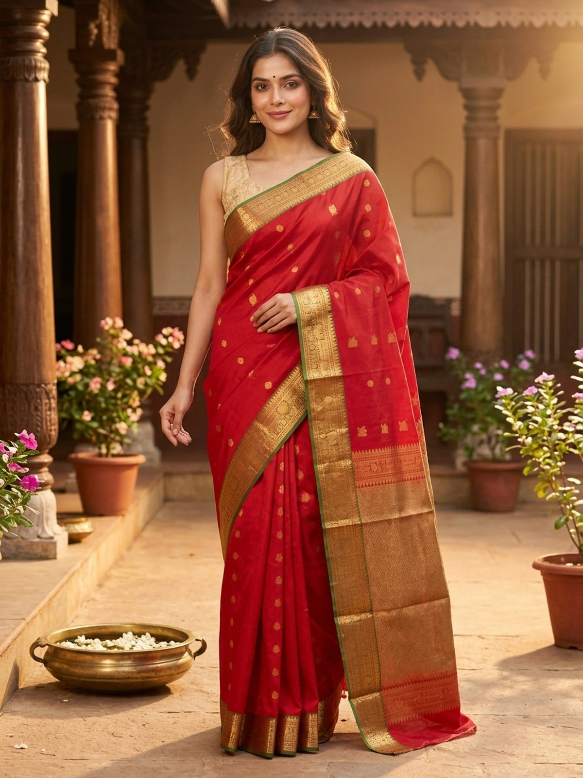 Red pure silk cotton saree with gold zari border, temple pallu, and woven buttas